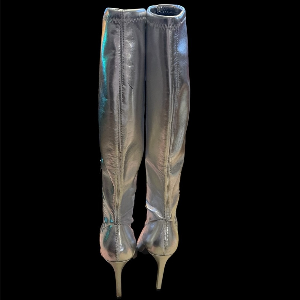 Open Edit Metallic Silver Knee High Boots w/Pointed Toe & Stiletto Heel - Picture 3 of 7